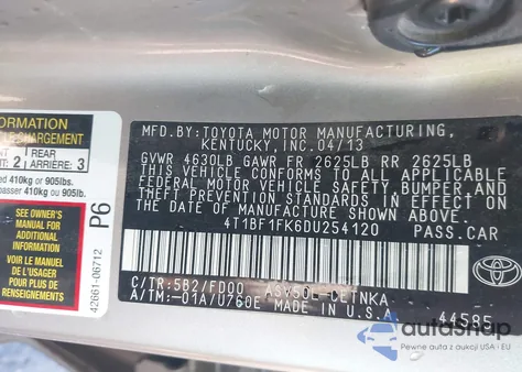 2013 Toyota Camry L/Se/Le/Xle из США, поврежденный, VIN 4T1BF1FK6DU254120